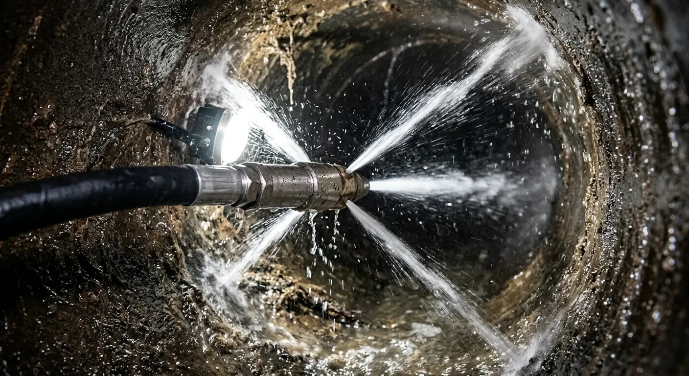 High-pressure hydro jetting nozzle cleaning sewer pipe for Sewer Cleanout in Ripon