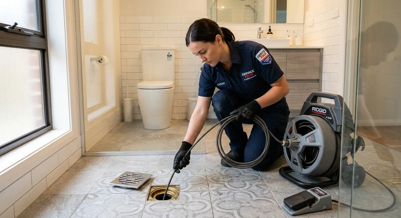 Technician clearing a bathroom floor drain for Hydro Jetting in Ripon